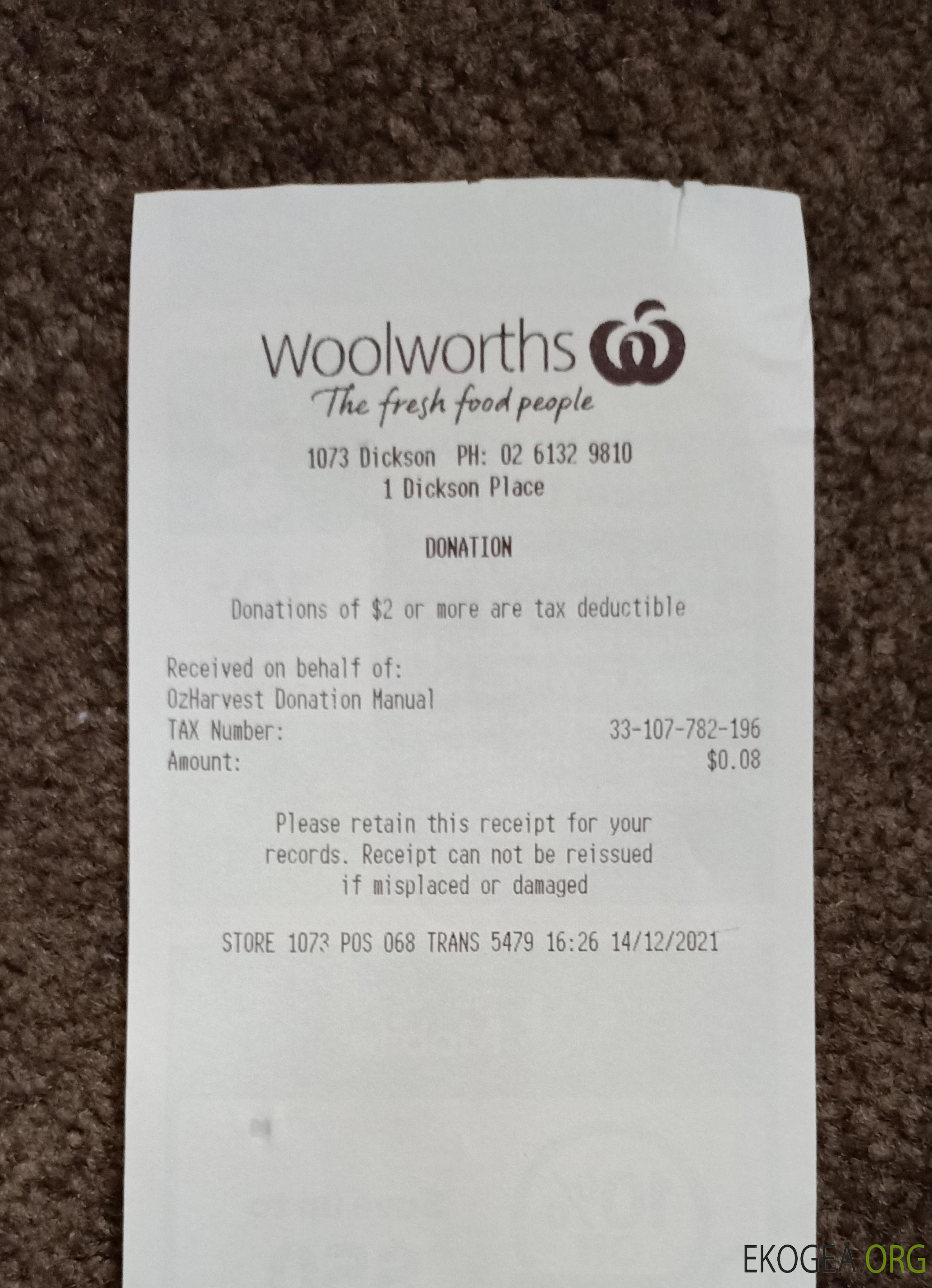 Reçu du marché Woolworths